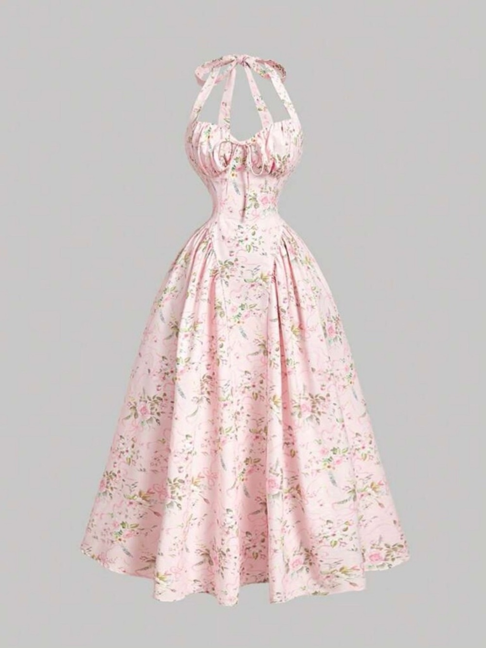 SHEIN Pink Floral Halter Fit-and-Flare Midi Dress